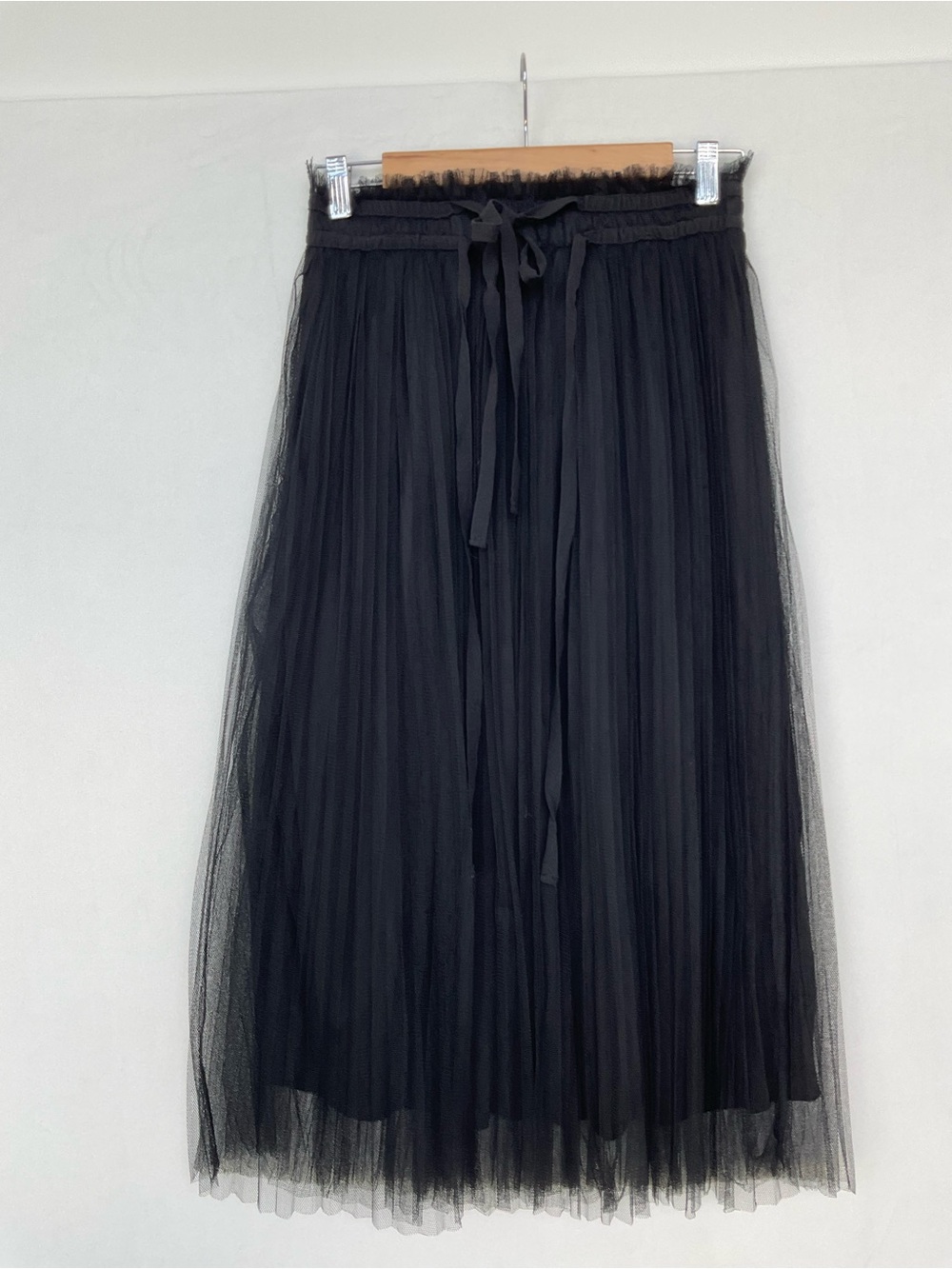 Double Zero Black Layered Tulle Midi Skirt with Drawstring Waist